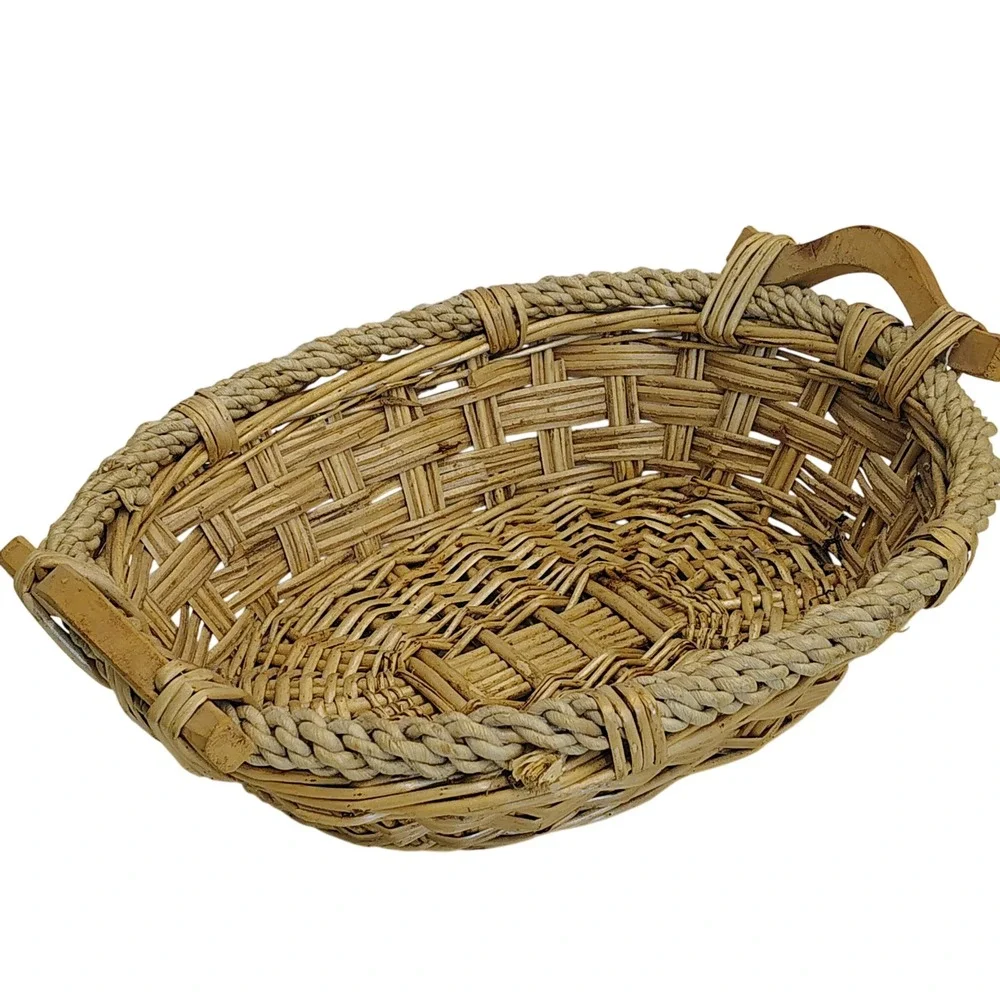 Oval Woven Wicker Basket with Wooden‎ Handles and Rope Trim Natural Tan